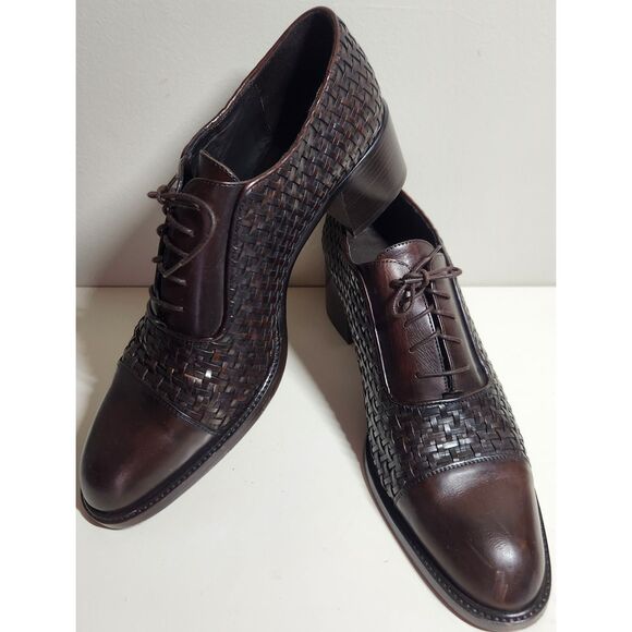 Cole Haan Wellesley Chocolate Woven Leather Heeled Brogues, Size 11 - Picture 1 of 14
